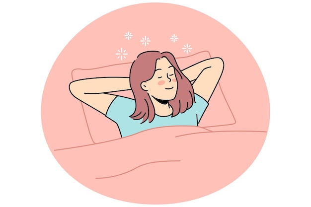 Mujer joven feliz acostada en la cama durmiendo Chica sonriente relajarse en el dormitorio soñando o tomando una siesta Relajación y comodidad Ilustración vectorial