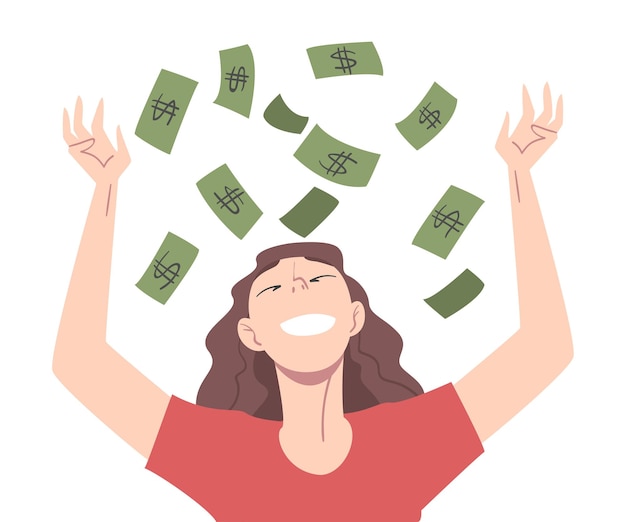 Vector mujer joven feliz arrojando su dinero al aire dinero lluvia éxito financiero ganancias ingresos concepto estilo de dibujos animados ilustración vectorial