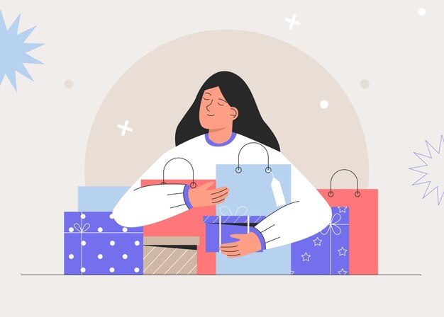 Mujer joven feliz con caja de regalo presente. Concepto de ventas de tiendas de descuento. Comercio electrónico y compras en línea. Ilustración de vector de estilo plano.
