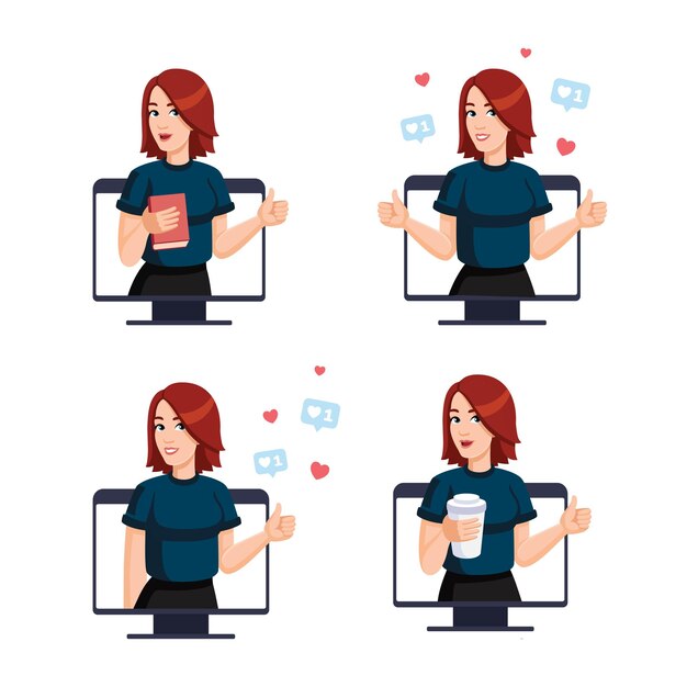 Mujer joven feliz está mostrando pulgares hacia arriba desde el monitor de la computadora Me gusta en las redes sociales conjunto de ilustraciones Vector
