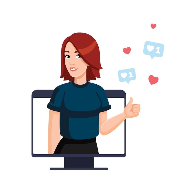 Mujer joven feliz está mostrando los pulgares hacia arriba desde el monitor de la computadora Me gusta en las redes sociales Ilustración plana vectorial