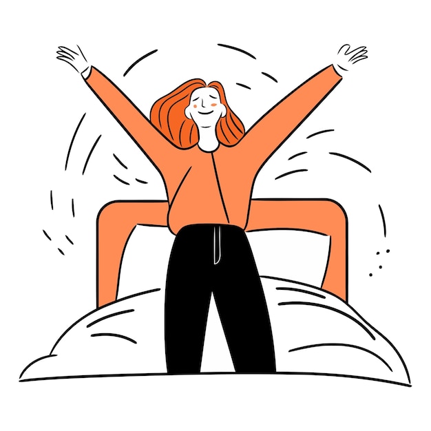Mujer joven feliz con las manos levantadas en la cama