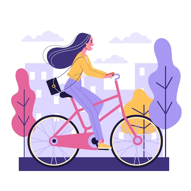 Mujer joven feliz paseo en bicicleta vista lateral. Estilo de vida saludable y activo. Chica en bicicleta. ilustración en estilo de dibujos animados