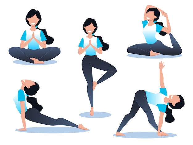 Vector una mujer joven y feliz practica yoga y medita, practica física y espiritual, conjunto de poses para yoga.