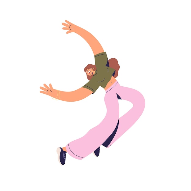 Vector mujer joven feliz saltando de alegría divertida chica positiva emocionada saltando enérgica activa riendo personaje juvenil en acción de movimiento volador ilustración vectorial plana aislada sobre fondo blanco