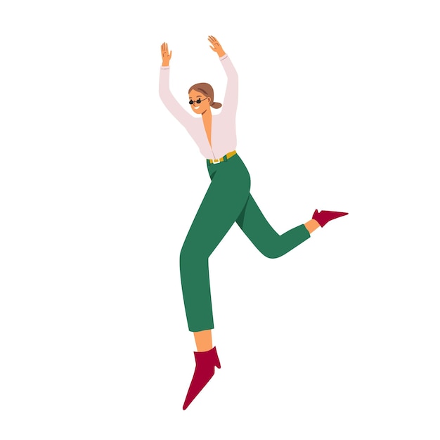 Vector mujer joven feliz saltando por diversión y alegría, sintiendo libertad. carácter sonriente despreocupado con expresión positiva. ilustración de vector plano coloreado de persona de moda moderna aislada sobre fondo blanco.