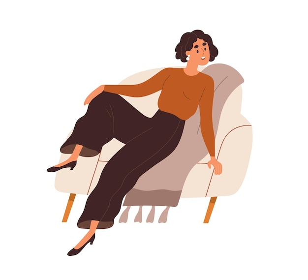 Vector mujer joven feliz sentada en un sillón posando con la pierna sobre el reposabrazos. modelo moderno de niña sonriente en una posición divertida en la silla. hembra relajada positiva. ilustración de vector plano aislado sobre fondo blanco