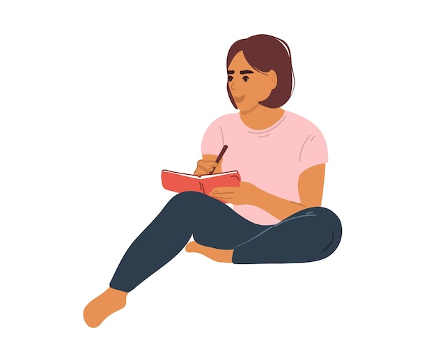 Vector mujer joven y feliz sentada y tomando notas en un cuaderno.