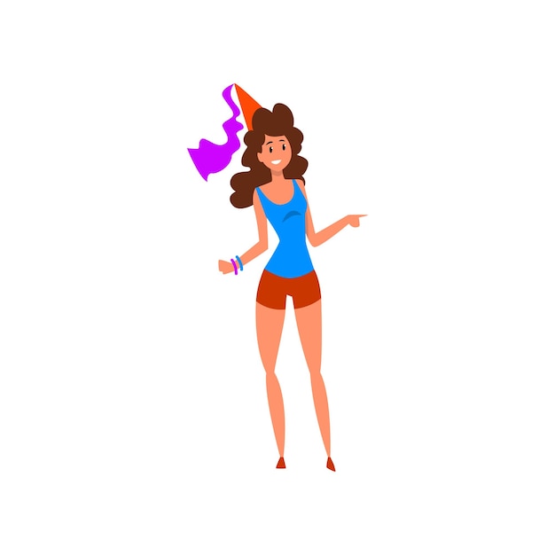 Vector mujer joven feliz con un sombrero de fiesta ilustración vectorial de dibujos animados aislada sobre un fondo blanco