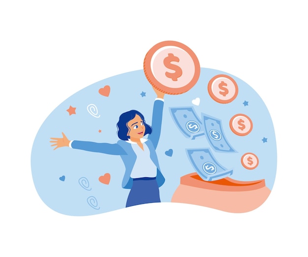 Mujer joven feliz sosteniendo monedas Ganar ingresos trabajando en línea Ganar dinero concepto Ilustración de vector plano