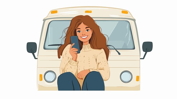 Vector mujer joven feliz con un teléfono inteligente