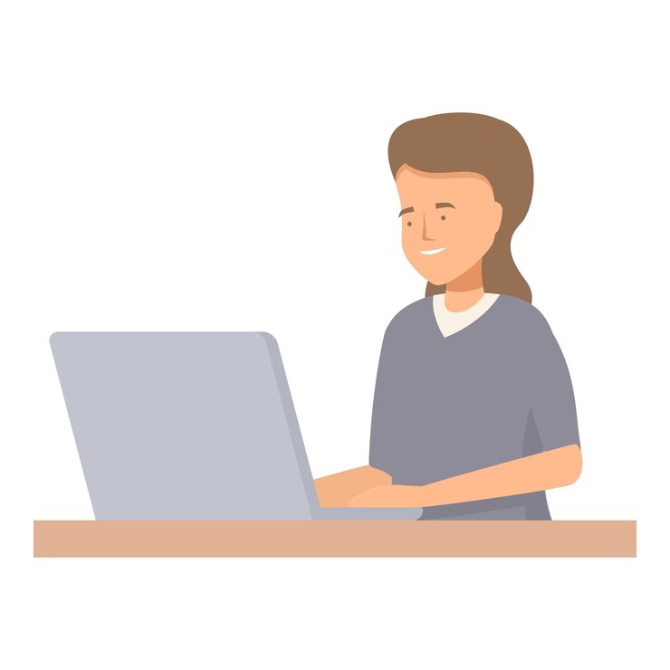 Vector mujer joven feliz trabajando en una computadora portátil en su escritorio