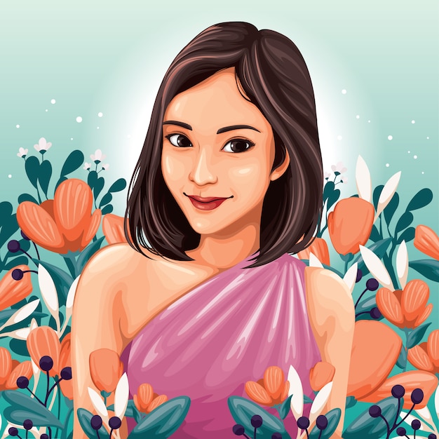 Vector mujer joven entre flores
