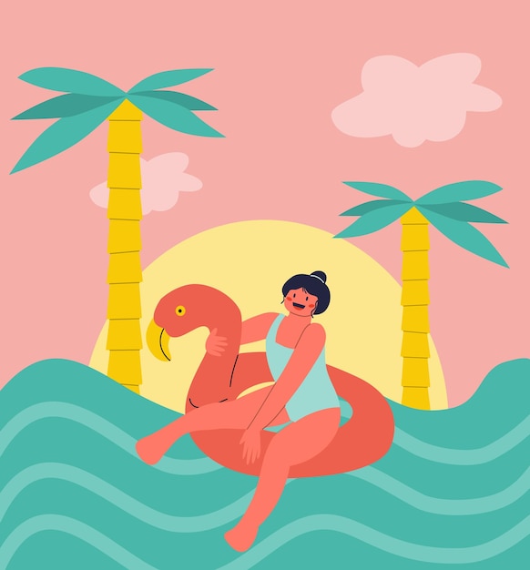 Mujer joven flotando en un anillo inflable en forma de flamenco en el mar Ilustración de verano
