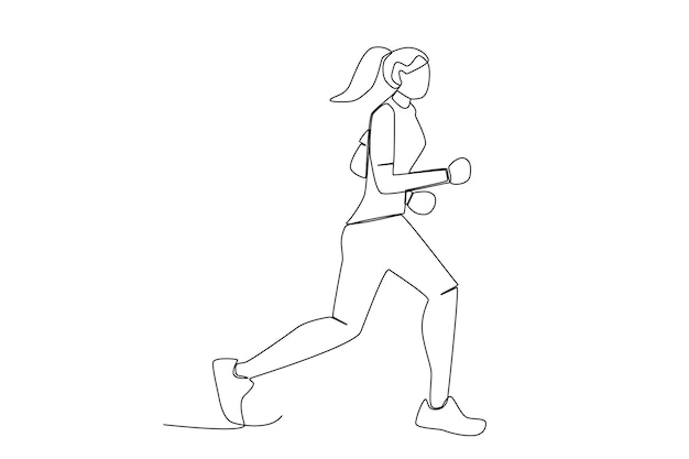 Una mujer joven en forma con cola de caballo y ropa deportiva haciendo ejercicio de arte lineal