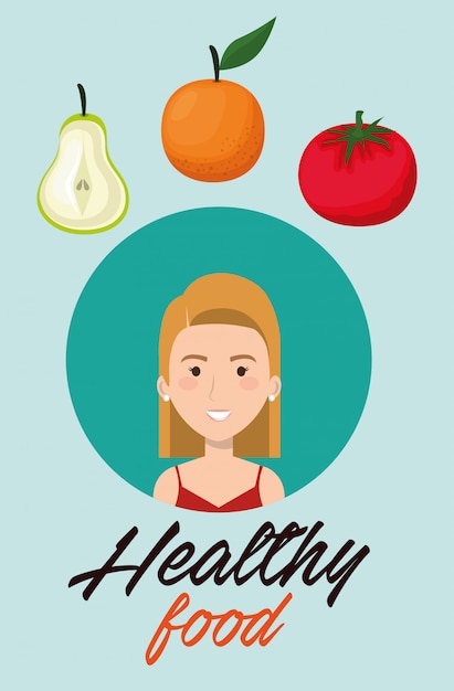 Vector mujer joven con frutas alimentos saludables