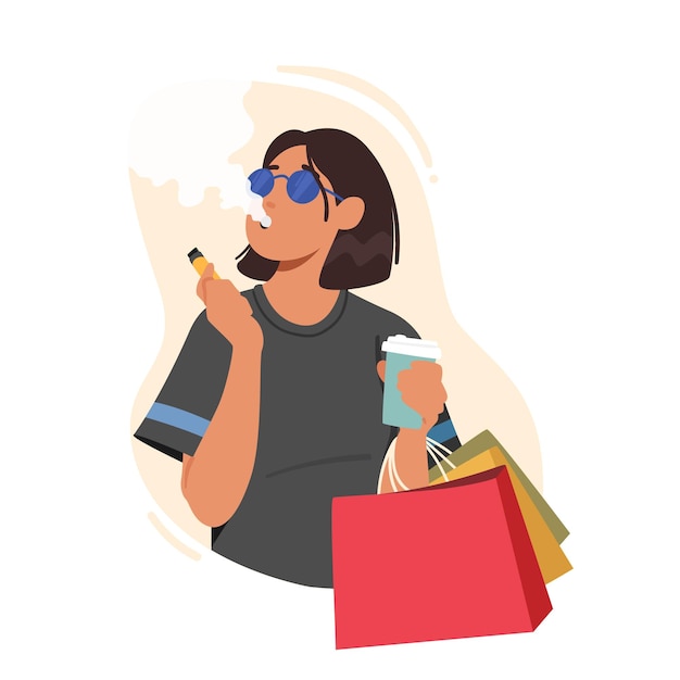 Vector mujer joven, fumar, inhalar, humo, de, encendido, cigarrillo, bolsas de compras, y, taza de café, en, mano, vector, ilustración