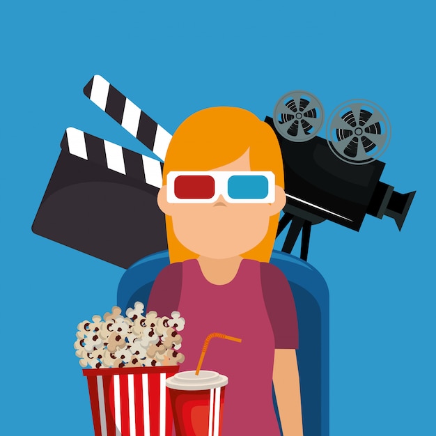 mujer joven con gafas iconos 3d y cine