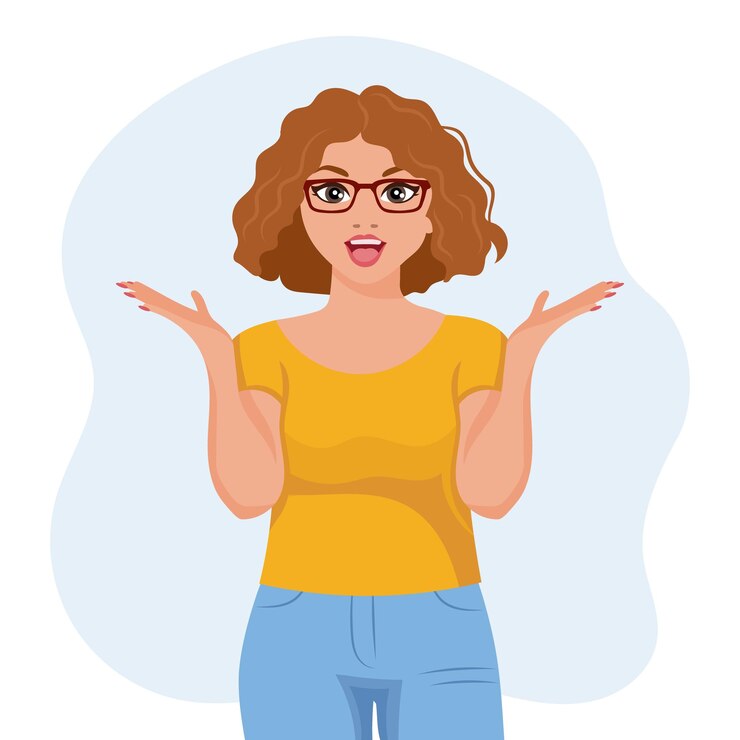 Vector una mujer joven con gafas levantó las manos con una expresión de sorpresa emociones y gestos
