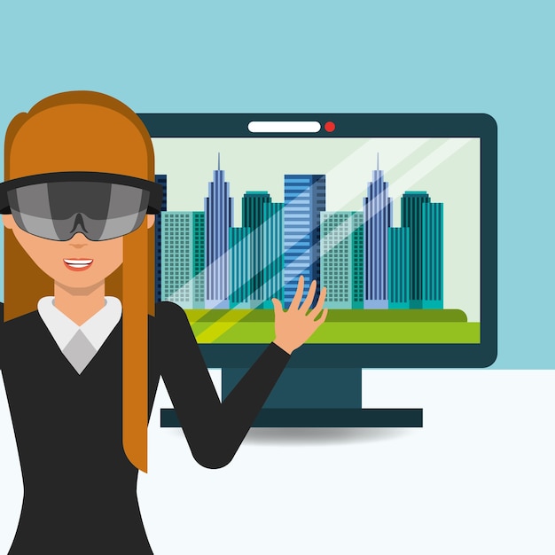 mujer joven con gafas pantalla de realidad virtual