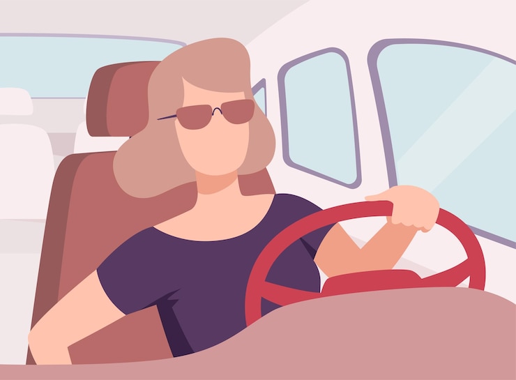 Vector mujer joven con gafas de sol conduciendo un coche vista desde el interior caracter de conductor femenino sosteniendo las manos en un volante ilustración vectorial