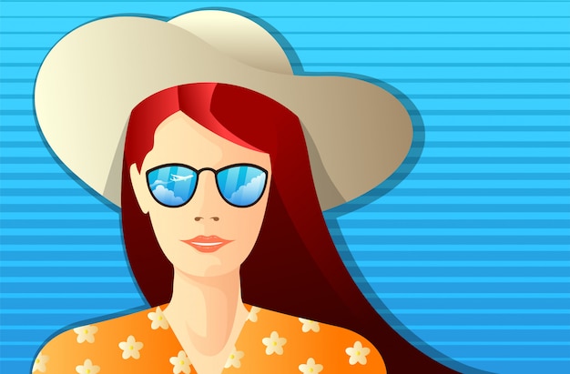 Mujer joven con gafas de sol que refleja los cielos con paisaje de avión y sombrero. ilustración del concepto de verano