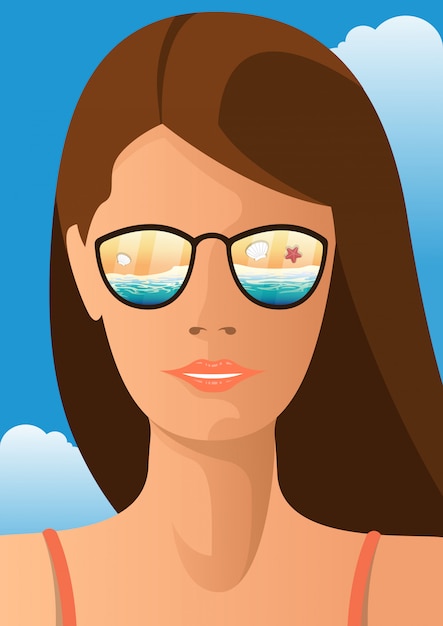 Vector mujer joven con gafas de sol que refleja el paisaje de playa. ilustración del concepto de verano