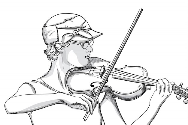 Mujer joven con gafas y sombrero tocando el violín. Arte lineal