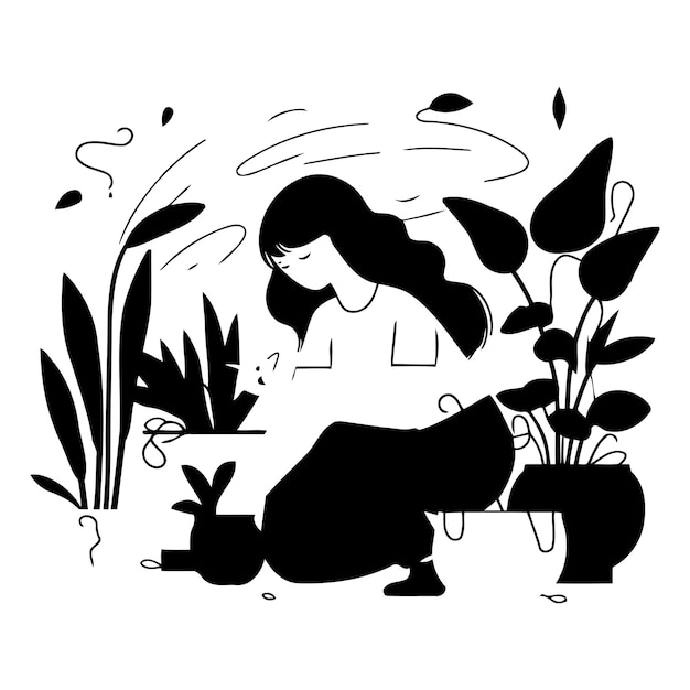 Mujer joven con gato sentada cerca de plantas de interior Ilustración plana vectorial