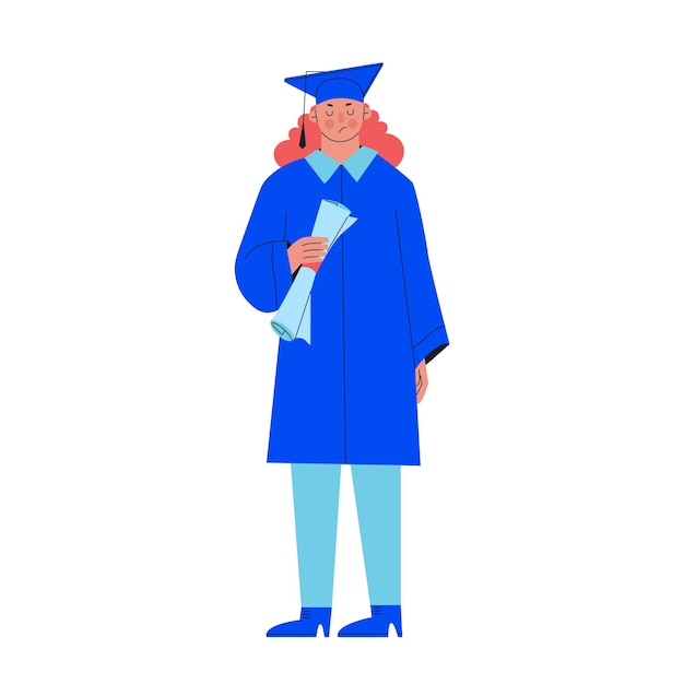 Mujer joven graduada universitaria con un diploma de educación Estudiante ofendida frustrada en un azul