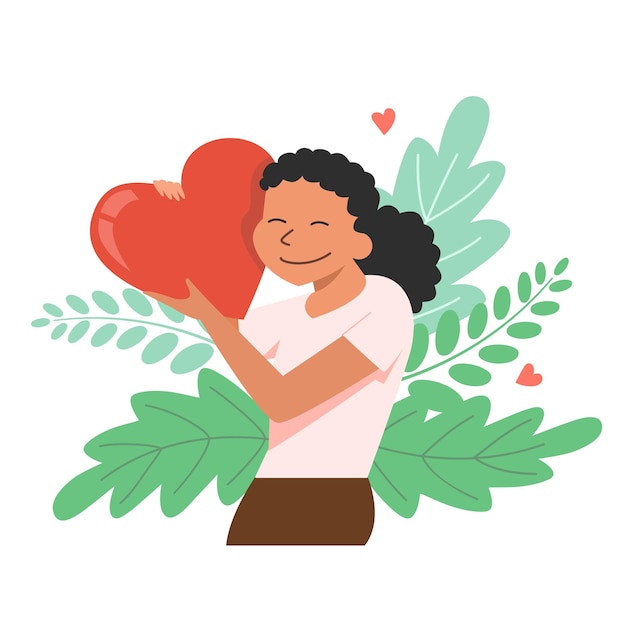 Vector mujer joven con un gran corazón en sus manos, autocuidado, amor propio