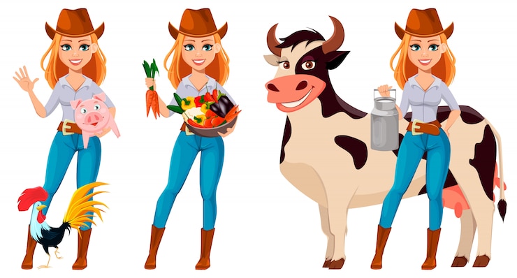 Vector mujer joven del granjero en sombrero de vaquero