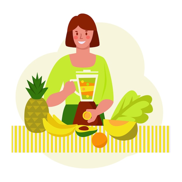 Mujer joven hace un batido. Concepto de vector de comida sana. Estilo plano.