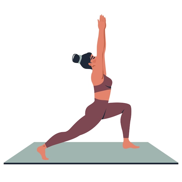Mujer joven hace estiramientos de yoga en colchoneta de yoga Hermosa chica en ropa deportiva trabajando en estiramientos de fitness Ilustración plana vectorial para la aplicación web de pilates entrenamiento en línea de estilo de vida saludable