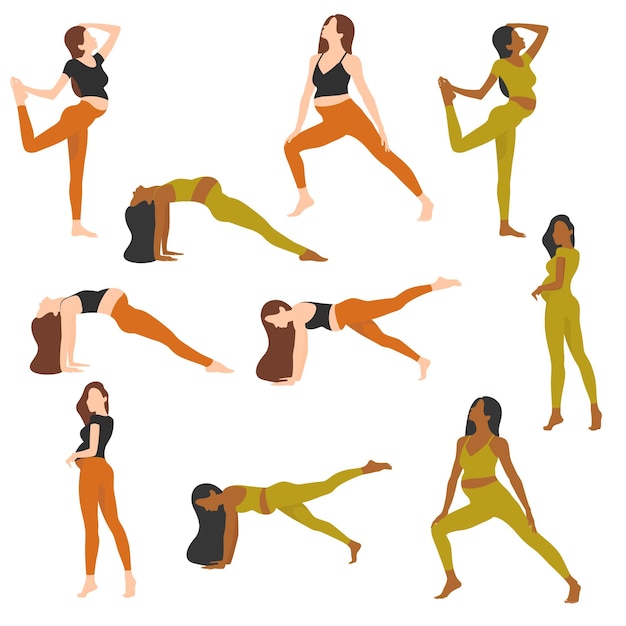 Vector mujer joven, hacer, condición física, bailando, niñas, niña, practicar, deporte