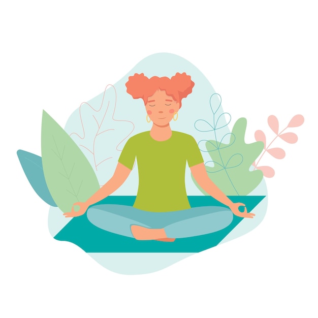 Mujer joven hacer meditación. Ilustración plana