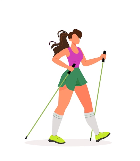 Mujer joven haciendo caminata nórdica Ilustración vectorial plana Estilo de vida activo y saludable