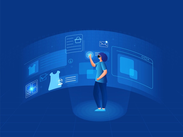 Mujer joven haciendo compras en línea usando la caja de realidad virtual contra el fondo azul para el concepto de compras VR