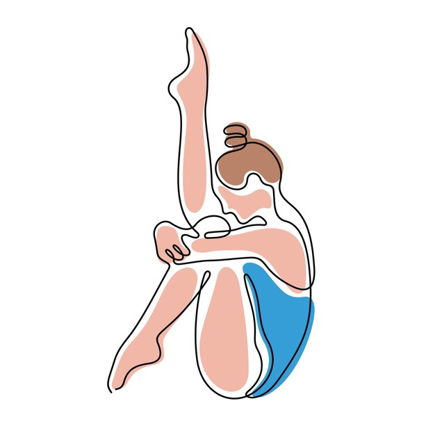 Mujer joven haciendo ejercicio de gimnasia línea continua ilustración vectorial colorida