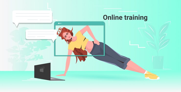 Vector mujer joven haciendo ejercicios de fitness yoga entrenamiento en línea concepto de estilo de vida saludable chica viendo tutoriales en la computadora portátil copia espacio horizontal ilustración