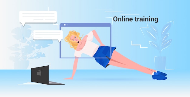 Mujer joven haciendo ejercicios de fitness yoga entrenamiento en línea concepto de estilo de vida saludable chica viendo tutoriales en la computadora portátil copia espacio horizontal ilustración