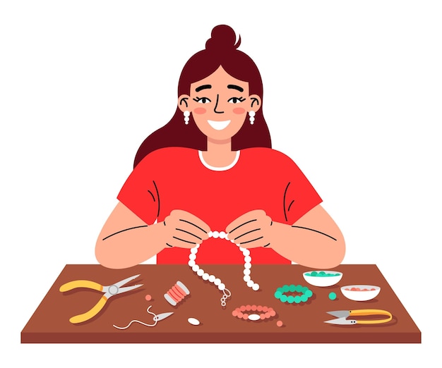 Mujer joven haciendo joyas de perlas. Hobby artesanal hecho a mano. Concepto de abalorios.