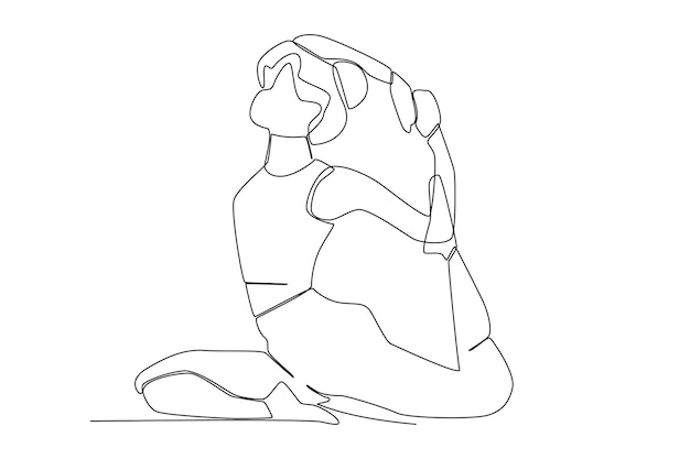 Una mujer joven haciendo pose de paloma rey con una sola pierna Eka Pada Rajakapotasana yoga pose arte lineal