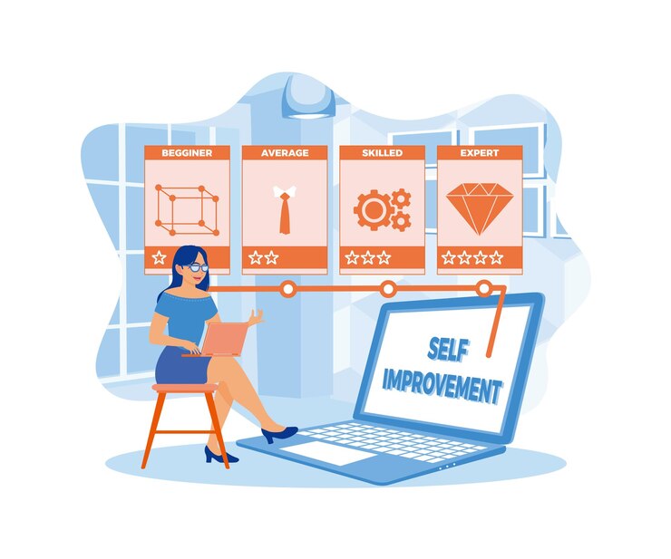 Vector mujer joven haciendo pruebas de superación personal en línea una chica con gafas mira los resultados de las pruebas en su computadora portátil