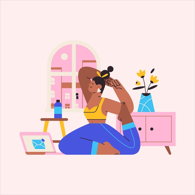 Mujer joven haciendo yoga en casa Ilustración vectorial en estilo plano.