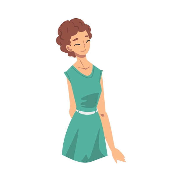 Mujer joven hermosa y alegre con un vestido elegante Ilustración vectorial de estilo plano