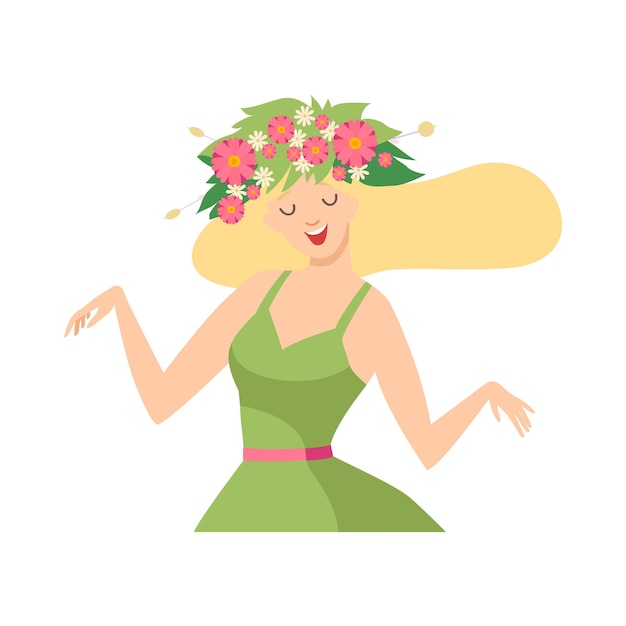 Mujer joven hermosa con una corona de flores en el cabello y un vestido verde retrato de una chica rubia elegante con una corona floral ilustración vectorial sobre fondo blanco