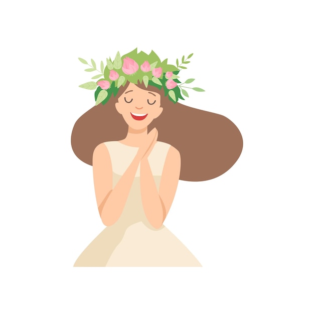 Mujer joven hermosa con una corona de flores en su cabello Retrato de una niña elegante feliz y sonriente con una corona floral Ilustración vectorial sobre fondo blanco