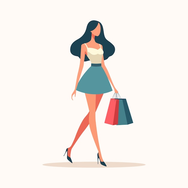 Mujer joven hermosa después de comprar sosteniendo bolsas de compras ilustración vectorial
