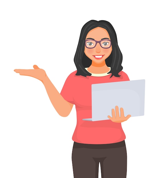 Mujer joven y hermosa con gafas usando una computadora portátil mostrando la mano para copiar espacio